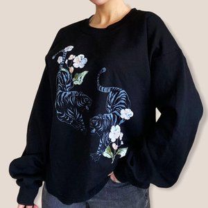 Y2K  Leopard & Cherry Blossom Black Crewneck